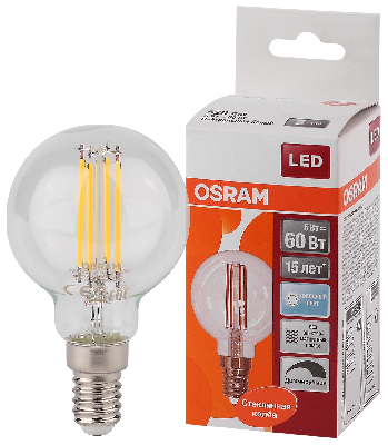 Лампа светодиодная LED 5Вт E14 CLB60D белый, Filament диммируемая,прозр.шар OSRAM