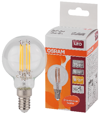 Лампа светодиодная LED 6Вт E14 CLP75 тепло-бел, Filament прозр.шар OSRAM