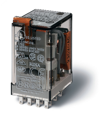 Реле электромеханическое универсальное миниатюрное, монтаж в розетку, 4CO 7A, контакты AgNi, катушка 220B DC, степень защиты RTI, опции: кнопка тест + мех.индикатор