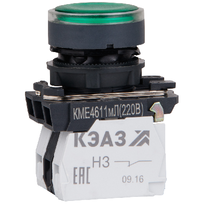 Кнопка КМЕ4611мЛ-220В-зеленый-1но+1нз-цилиндр-индикатор-IP65-