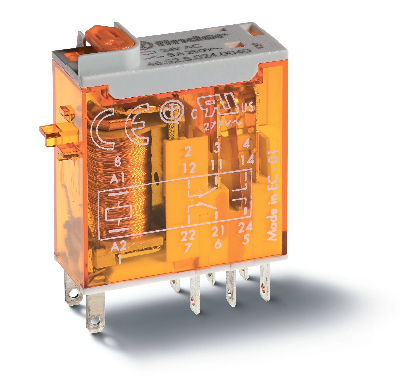 Реле электромеханическое промышленное миниатюрное, монтаж в розетку или наконечники Faston (2.5х0.5мм), 2СO 8A, контакты AgNi, катушка 230В АC, влагозащита RTII, опции: кнопка тест + мех.индикатор